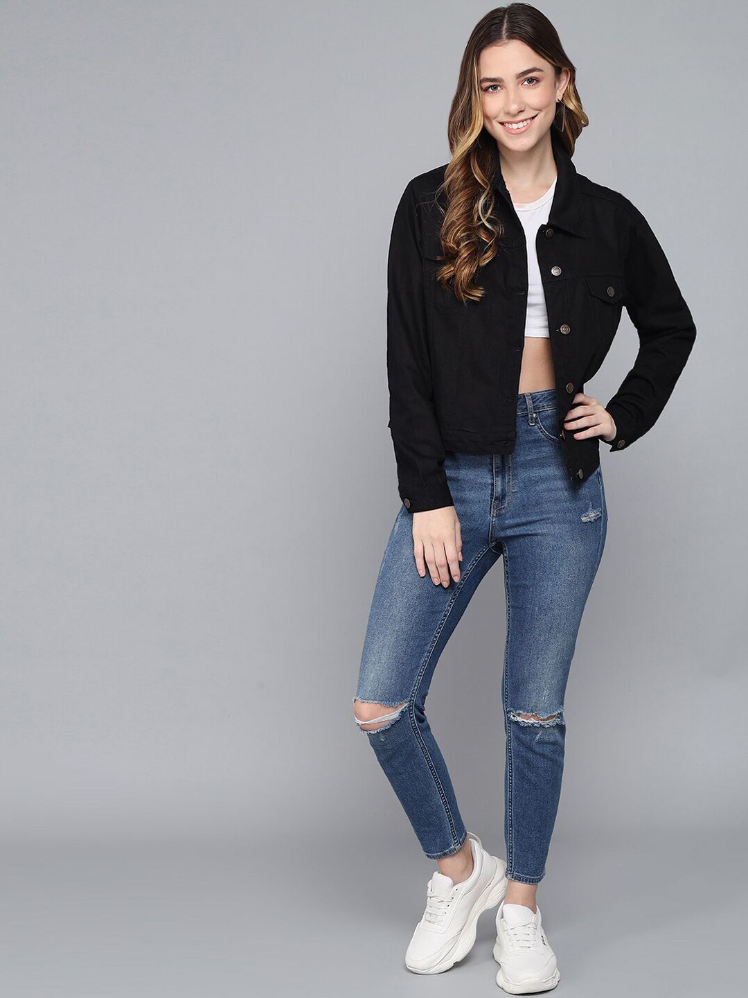 Kotty Women Black Lightweight Denim Jacket with Embroidered