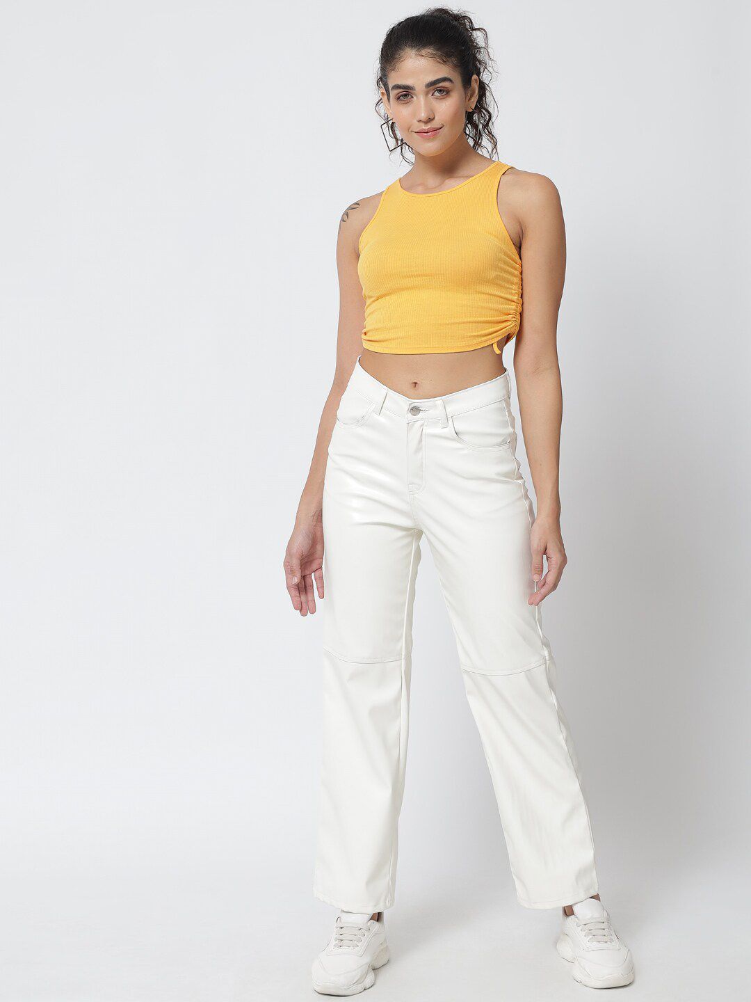 Kotty Women White Relaxed Straight Fit Faux Leather Trouser