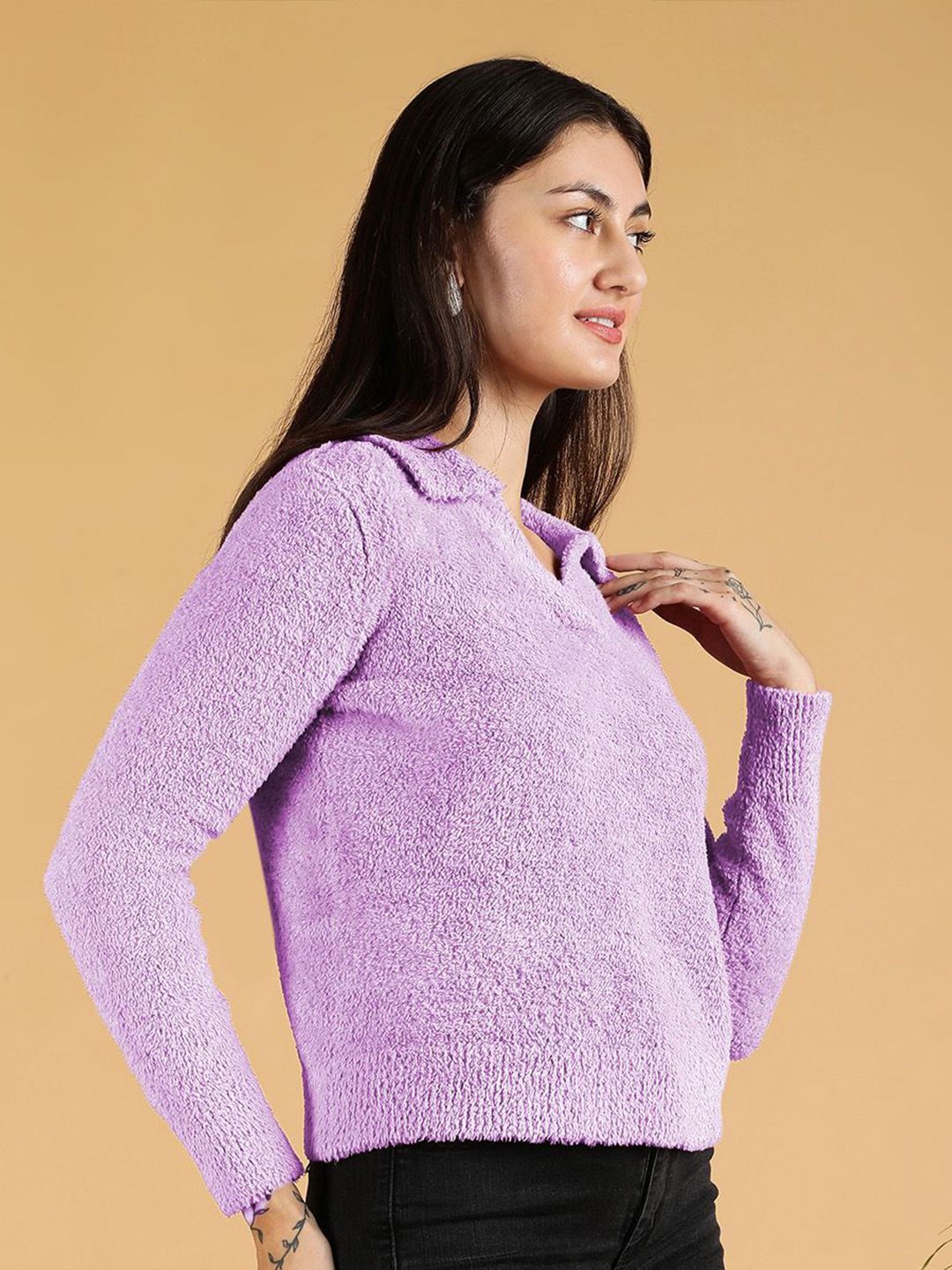 Kotty Women Lapel Collar Fuzzy Pullover Sweaters