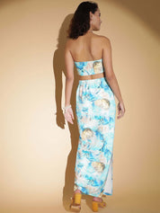 Kotty Blue Printed Strapless Top With Skirt