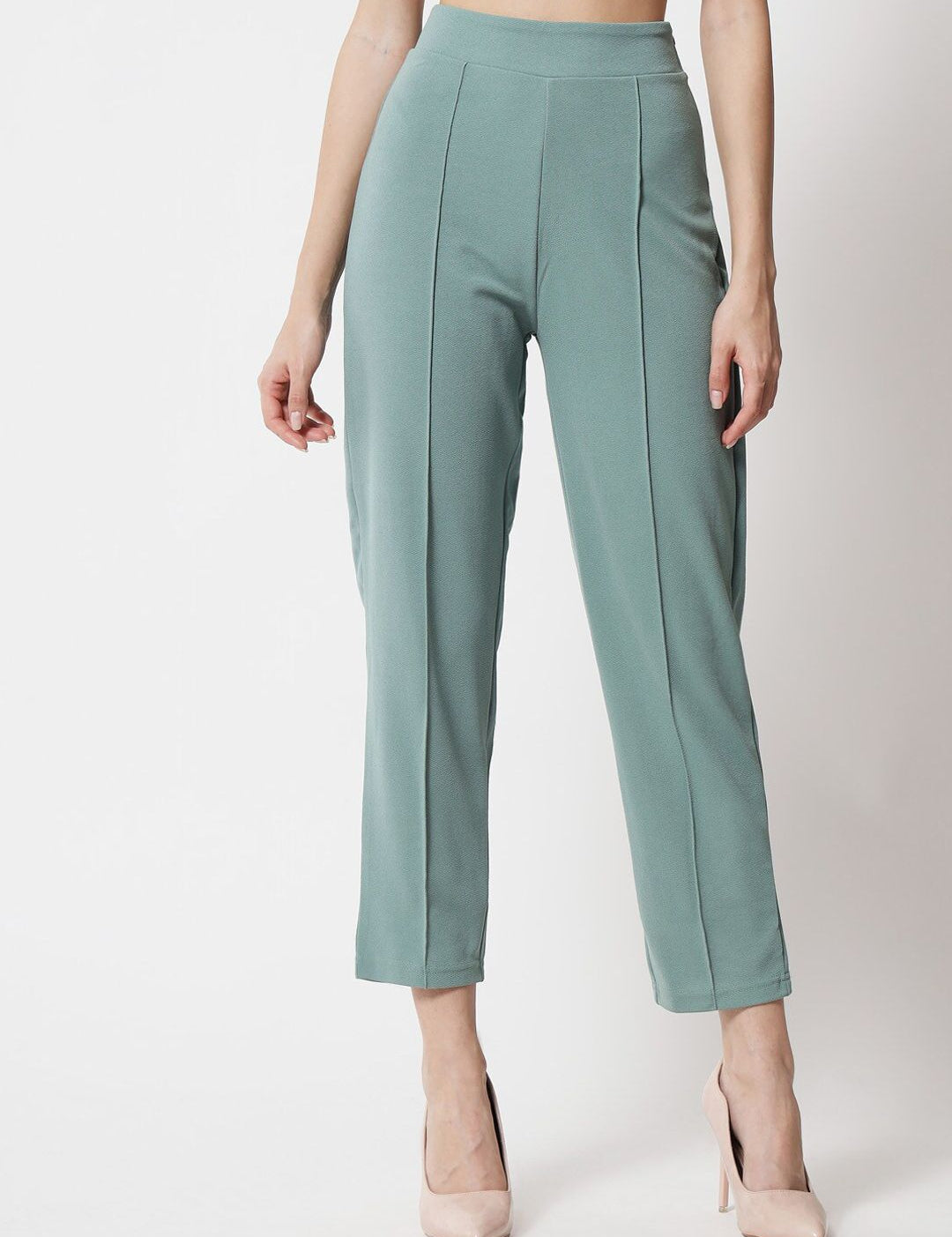 Kotty Women Green Relaxed Straight Fit High-Rise Easy Wash Trousers