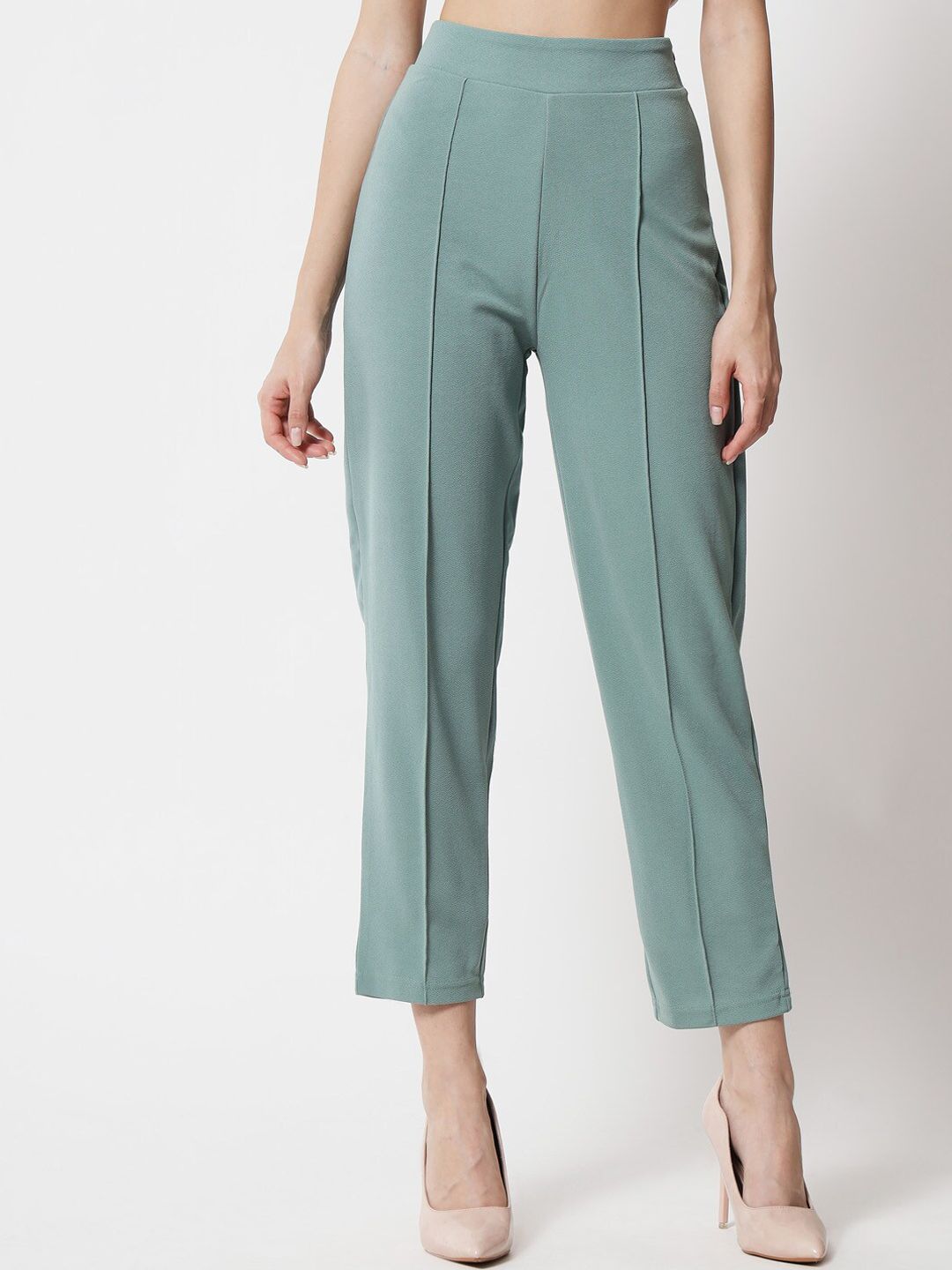Kotty Women Green Relaxed Straight Fit High-Rise Easy Wash Trousers