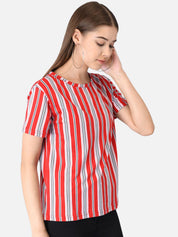 Kotty Women Red & White Striped Round Neck T-shirt