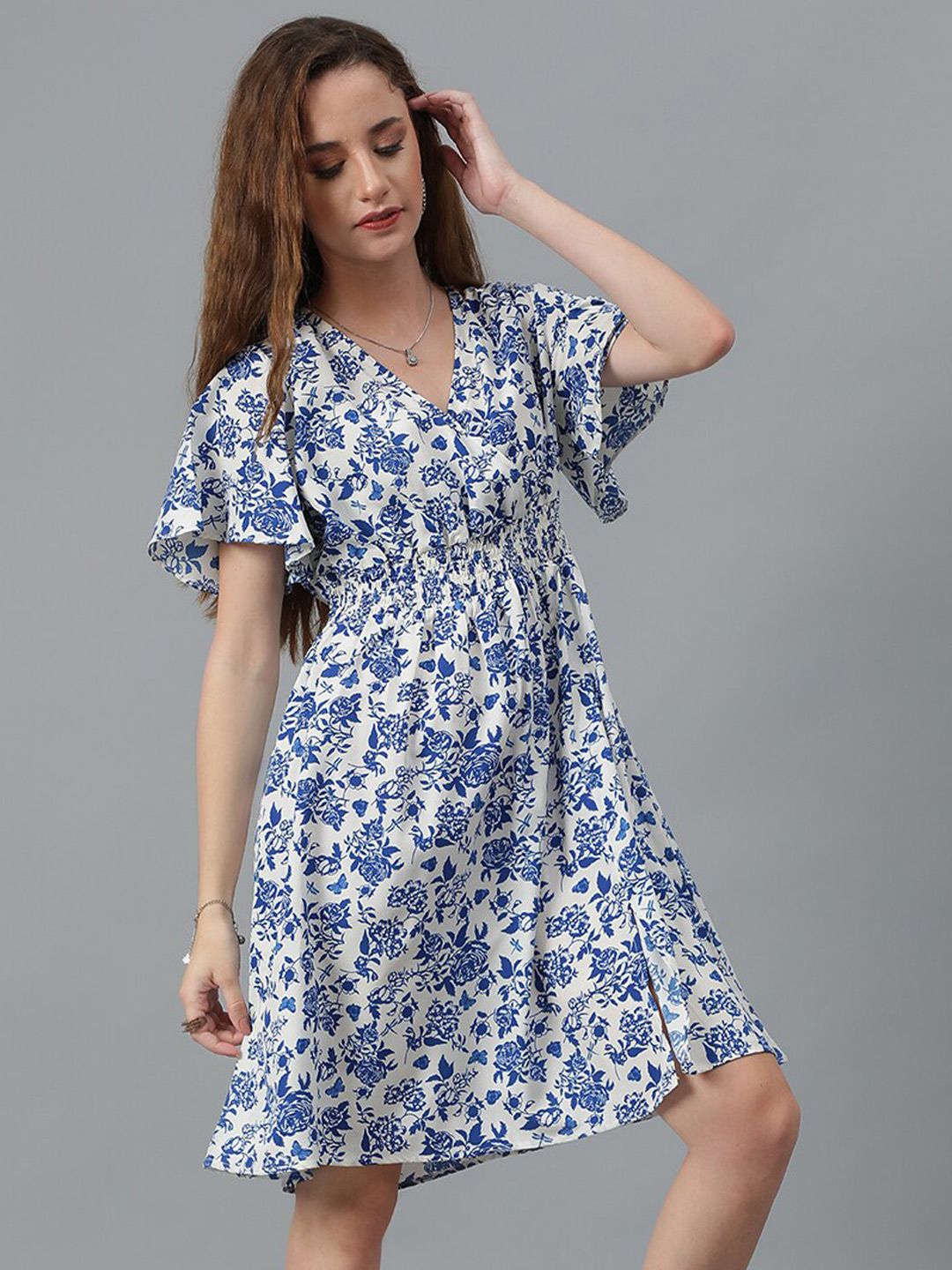 Kotty Blue Floral Printed Flared Sleeve Fit & Flare Dress