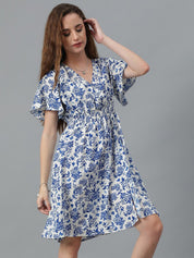 Kotty Blue Floral Printed Flared Sleeve Fit & Flare Dress