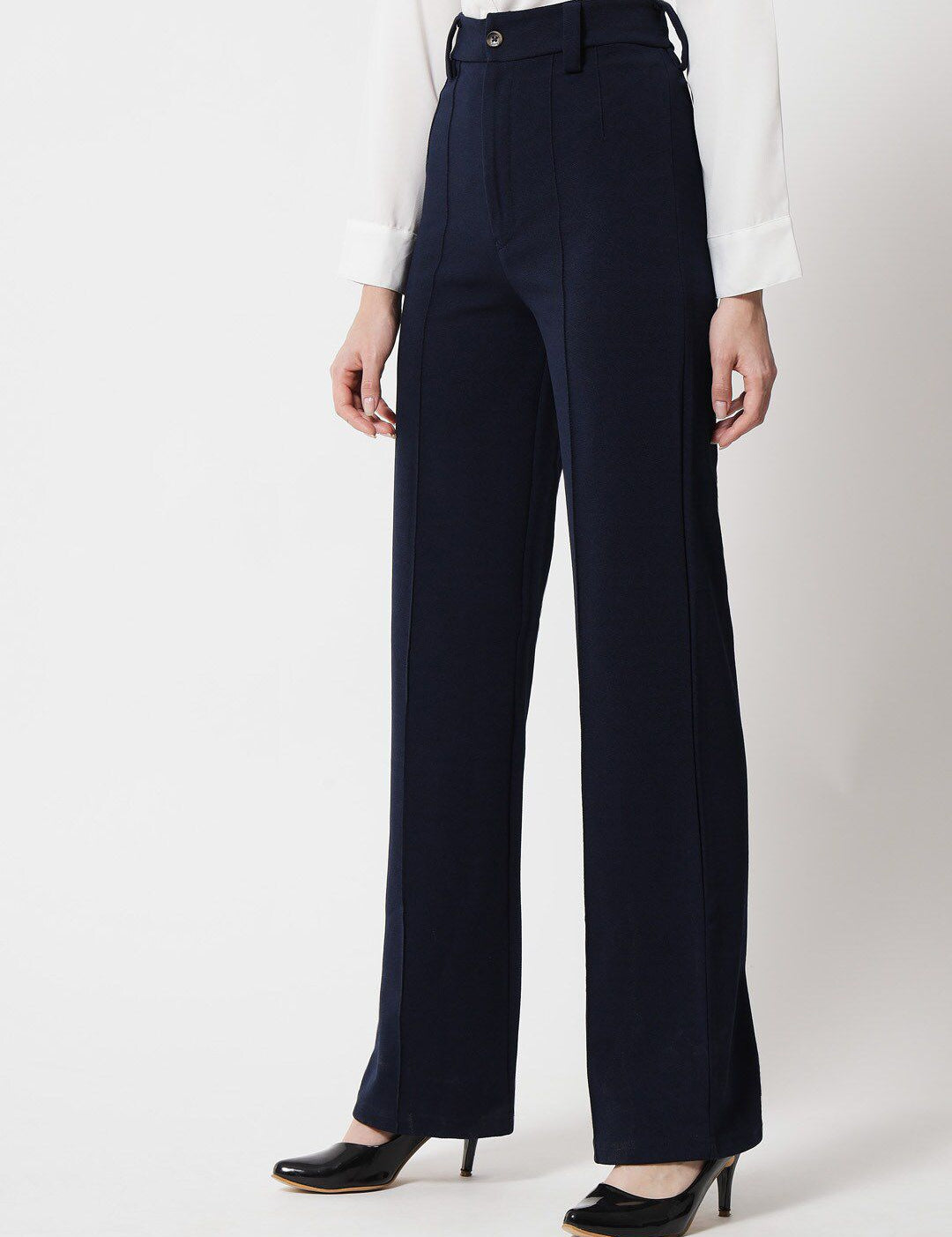 KOTTY BIZwear Women Navy Blue Relaxed Straight Fit High-Rise Pleated Trouser