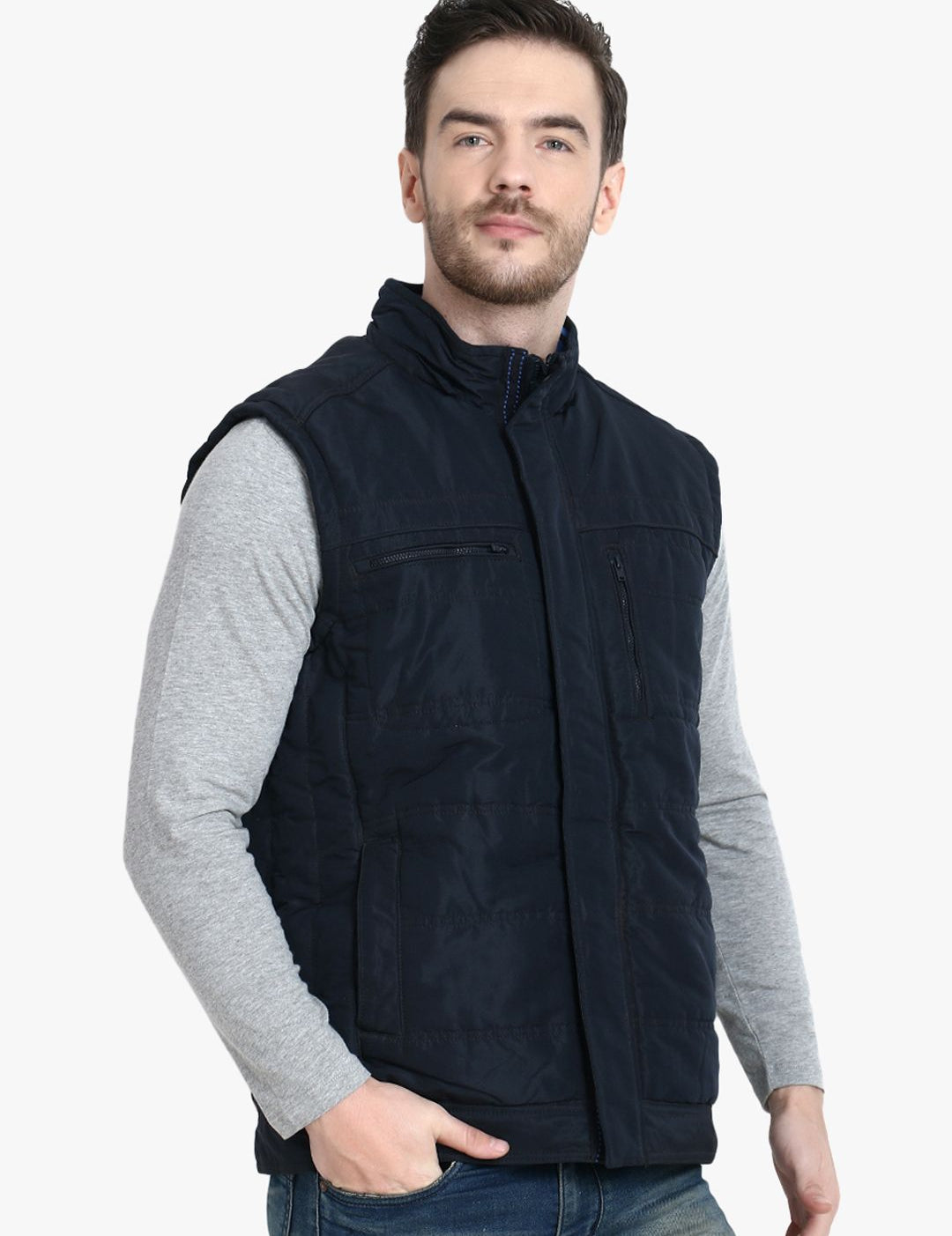 Kotty Men Navy Blue Solid Padded Jacket
