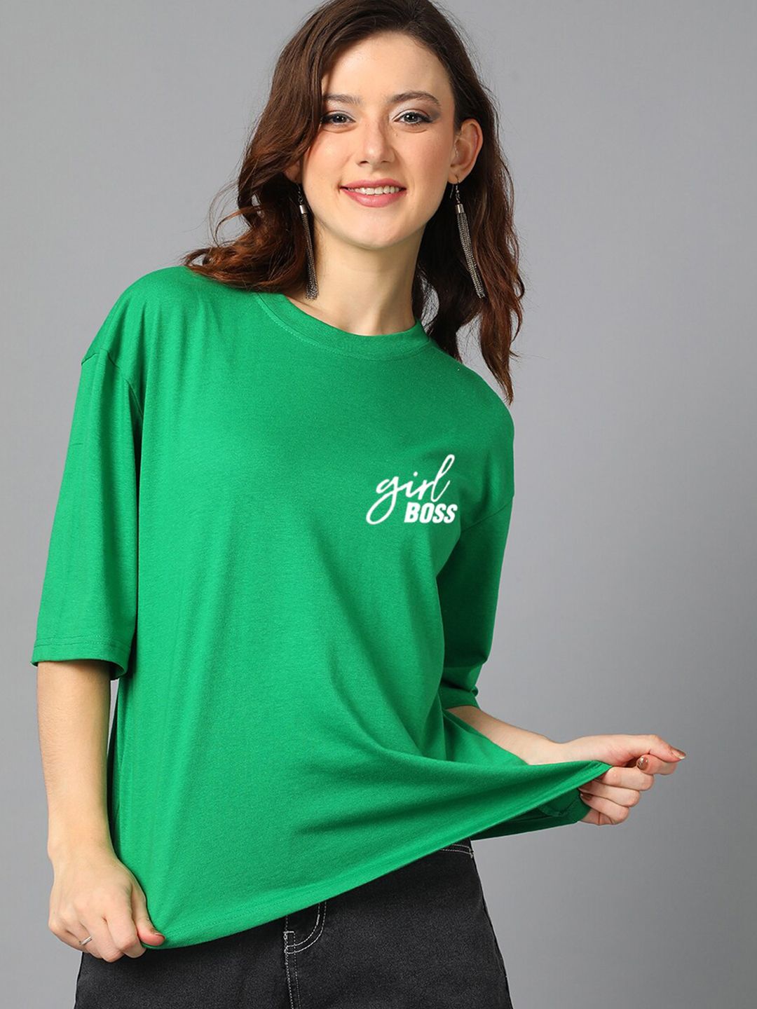 Kotty Green Typography Printed Oversized T-shirt