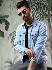 Kotty Men Solid Spread Collar Insulator Pure Cotton Denim Jacket