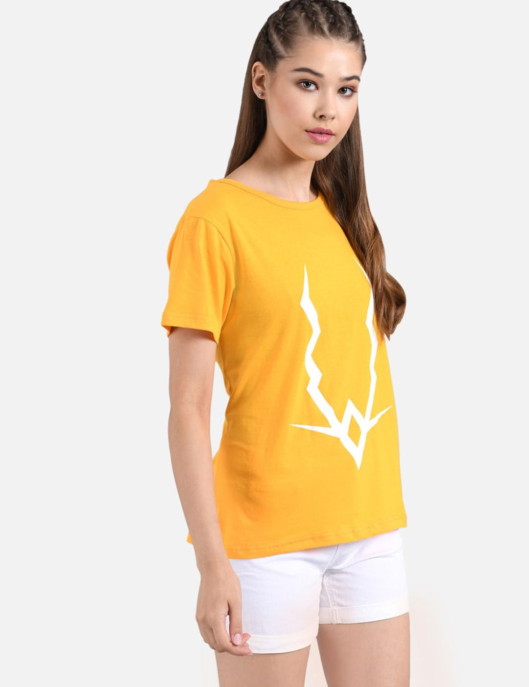 Kotty Women Mustard Yellow & White Printed Round Neck T-shirt