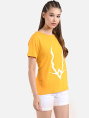 Kotty Women Mustard Yellow & White Printed Round Neck T-shirt
