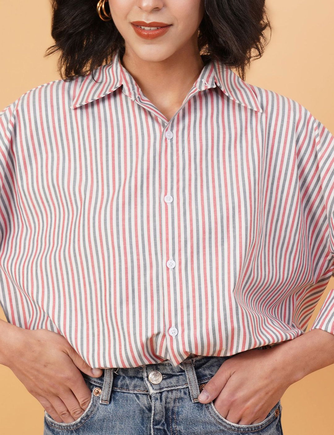 Kotty Vertical Stripes Drop-Shoulder Sleeves Longline Casual Shirt