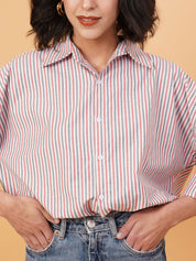 Kotty Vertical Stripes Drop-Shoulder Sleeves Longline Casual Shirt