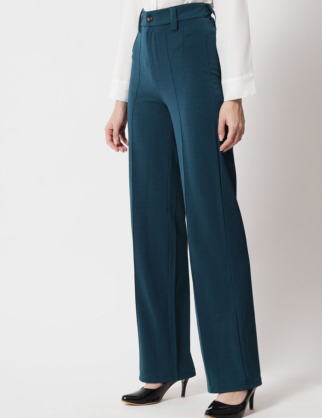 KOTTY BIZwear Women Teal Relaxed Straight Fit High-Rise Easy Wash Trousers