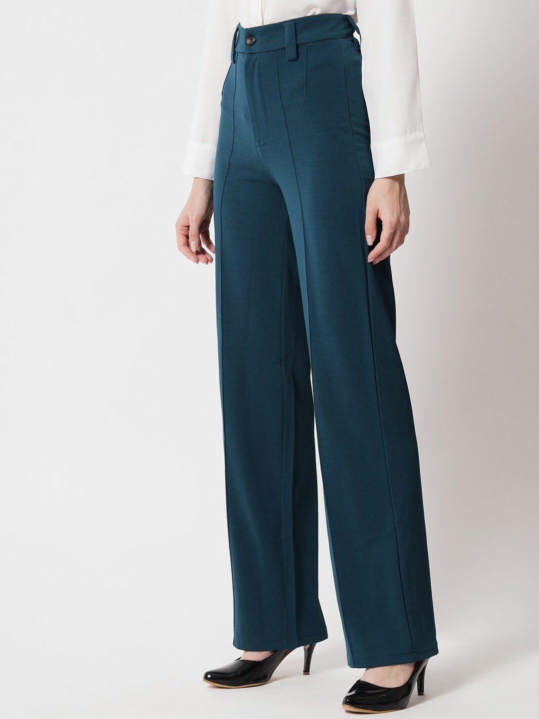 KOTTY BIZwear Women Teal Relaxed Straight Fit High-Rise Easy Wash Trousers