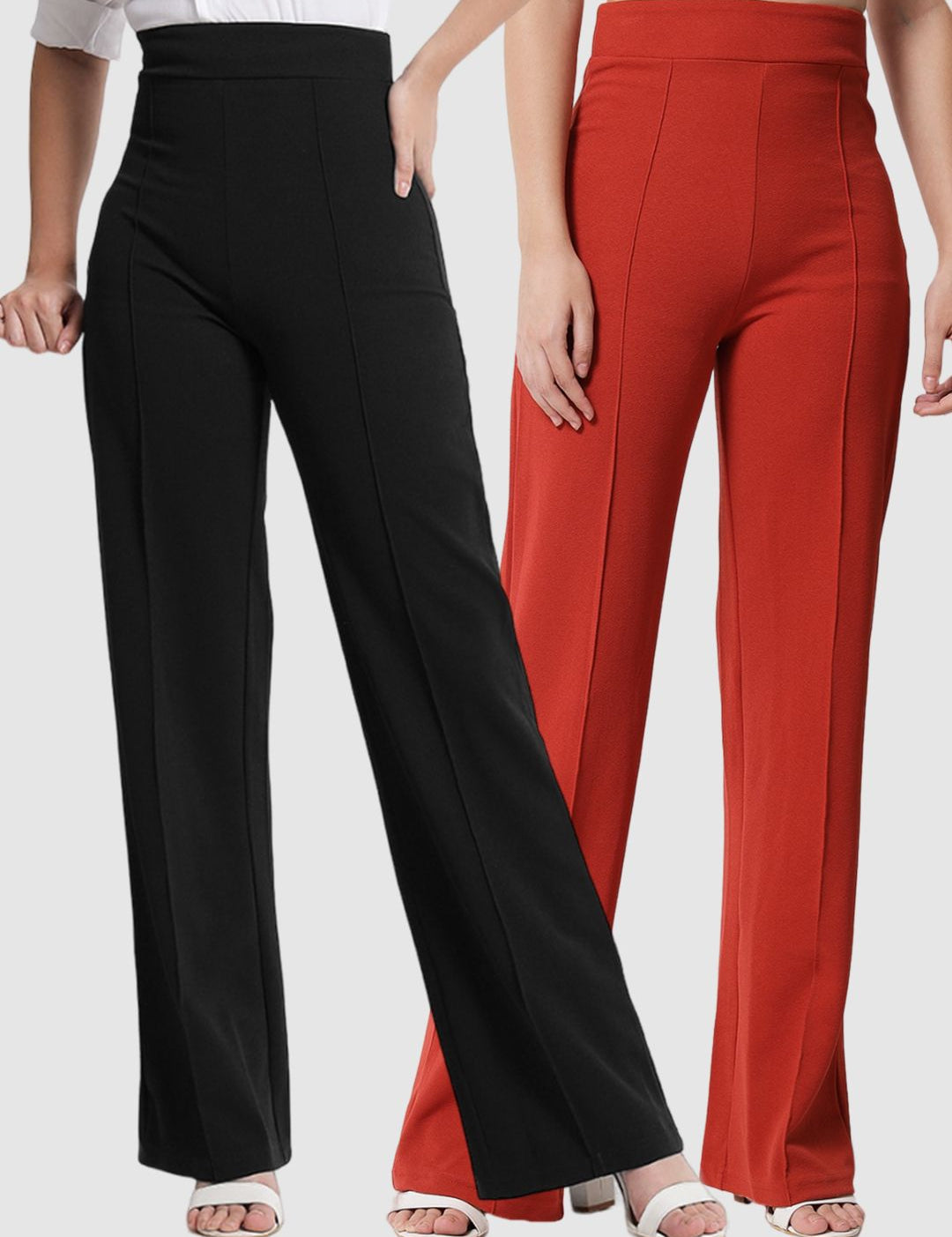 Kotty Women Pack Of 2 Relaxed Straight Leg Fit High-Rise Easy Wash Trousers