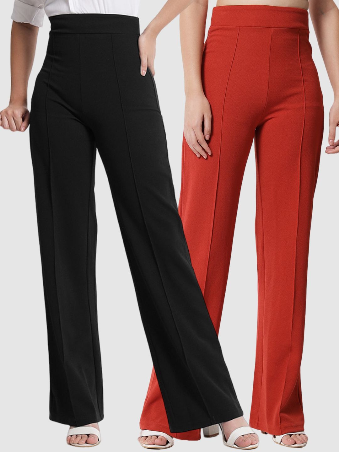 Kotty Women Pack Of 2 Relaxed Straight Leg Fit High-Rise Easy Wash Trousers