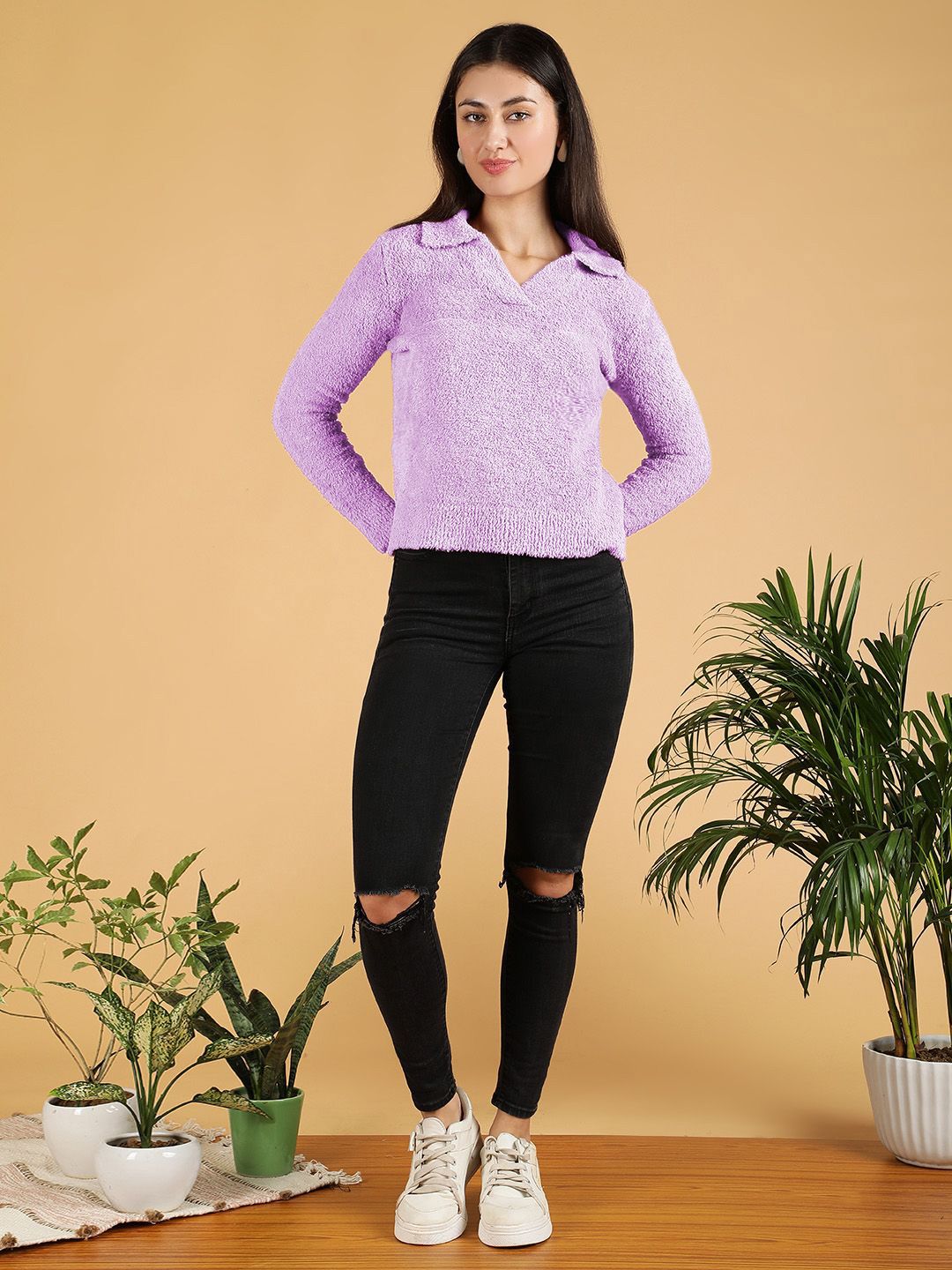 Kotty Women Lapel Collar Fuzzy Pullover Sweaters