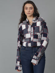 Kotty Women Spread Collar Abstract Printed Cotton Oversized Casual Shirt