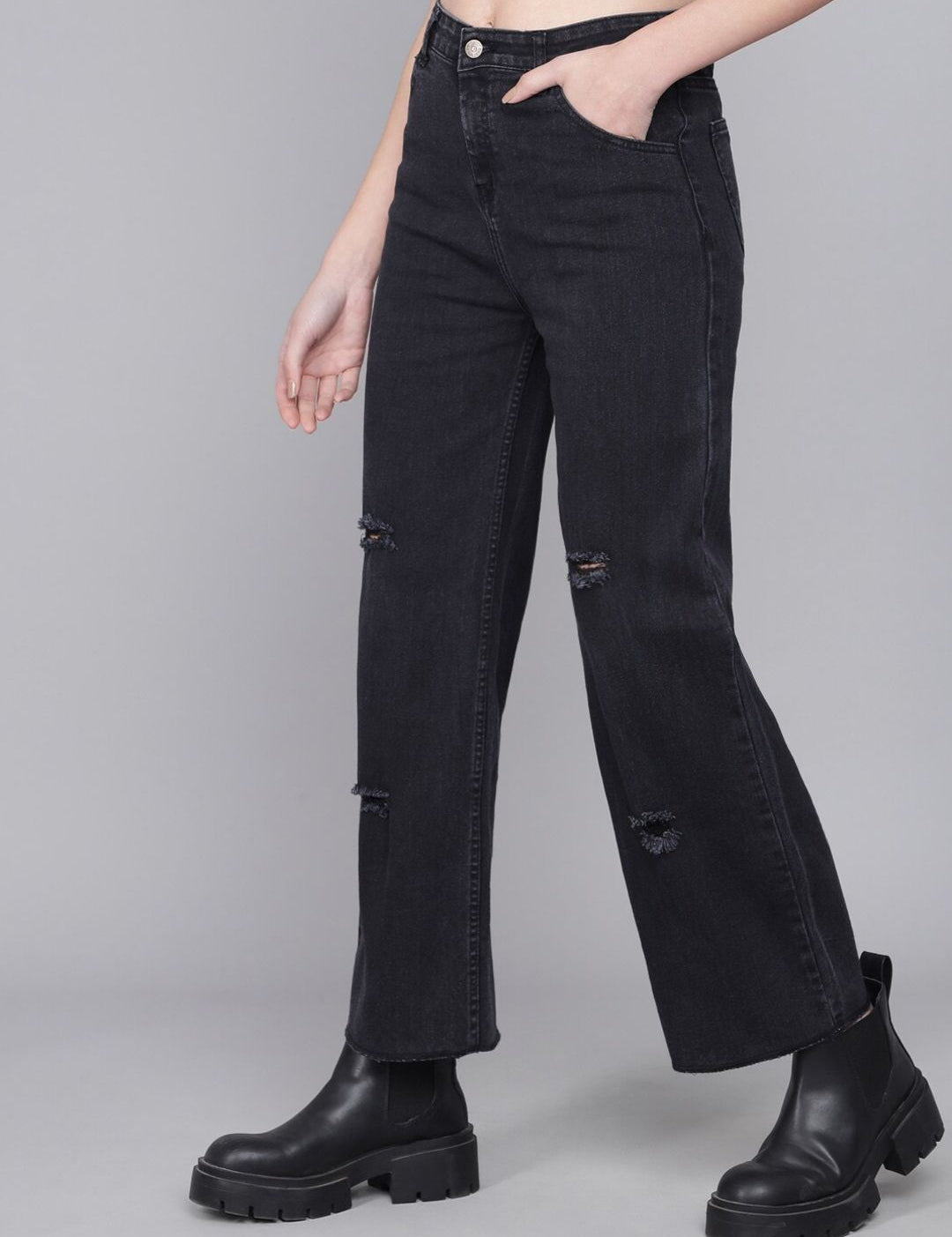 Kotty Women Black Flared High-Rise Mildly Distressed Jeans