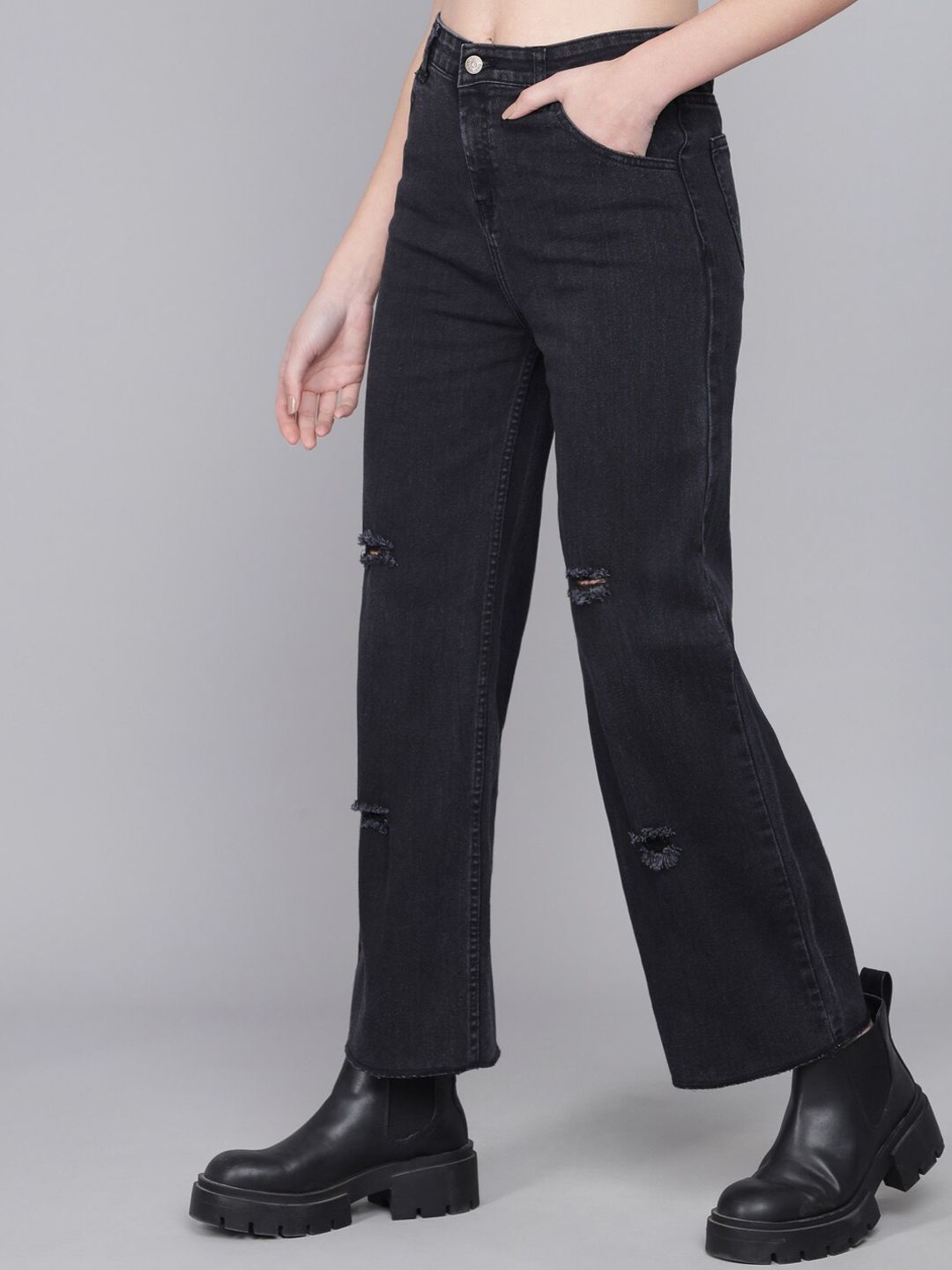 Kotty Women Black Flared High-Rise Mildly Distressed Jeans