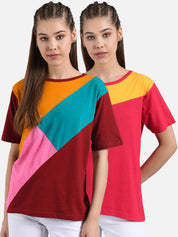 Kotty Women Pack of 2 Multicoloured Colourblocked Round Neck T-shirts