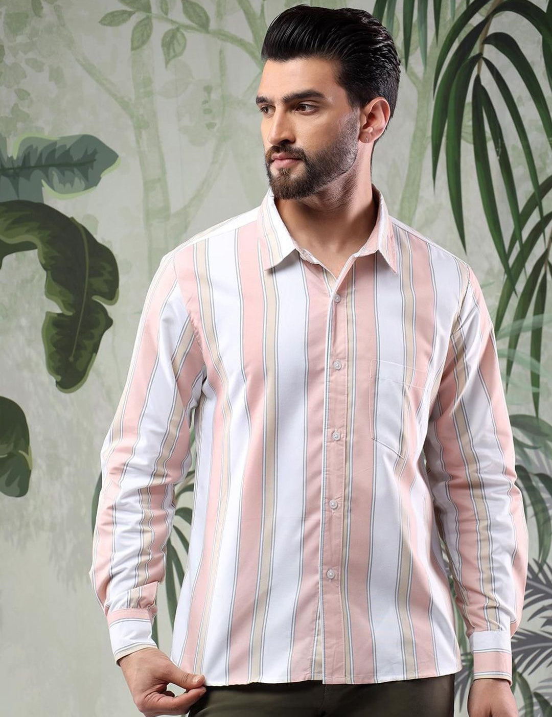 Kotty Men Spread Collar Vertical Striped Casual Shirt