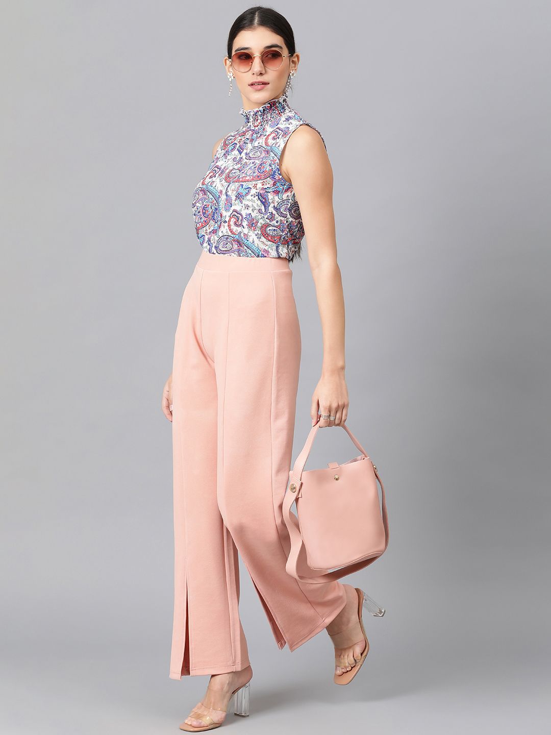 Kotty Floral Printed High Neck Sleeveless Crepe Top