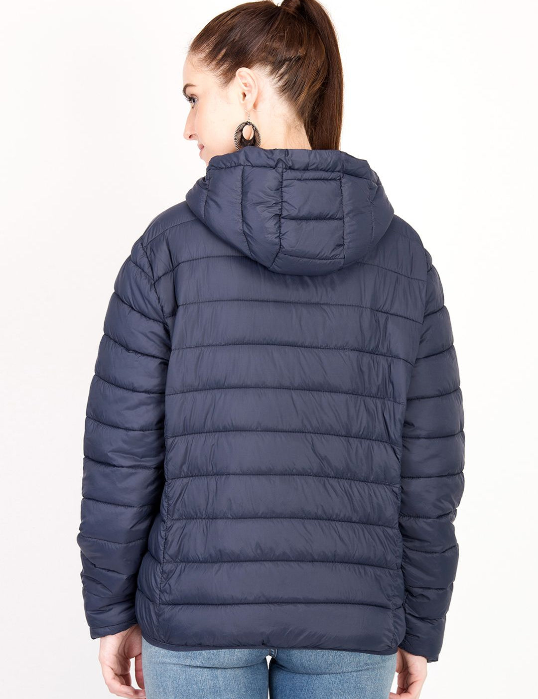 Kotty Women Navy Blue Solid Insulator Hooded Puffer Jacket