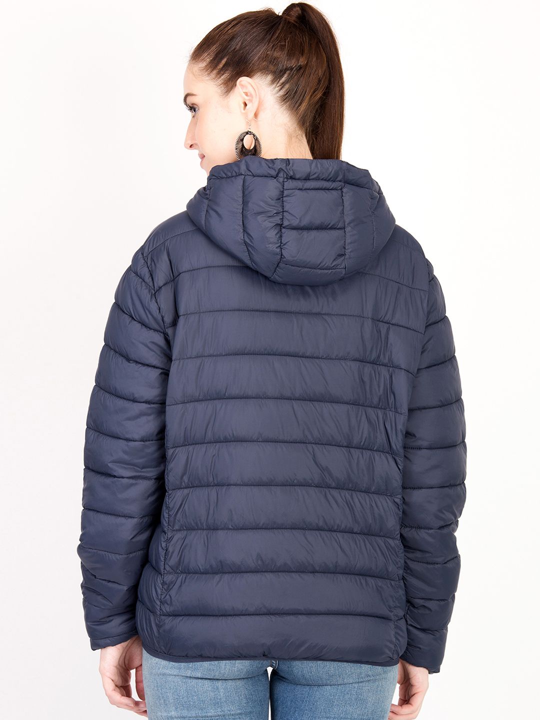 Kotty Women Navy Blue Solid Insulator Hooded Puffer Jacket