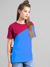 Kotty Women Blue & Maroon Colourblocked Round Neck T-shirt