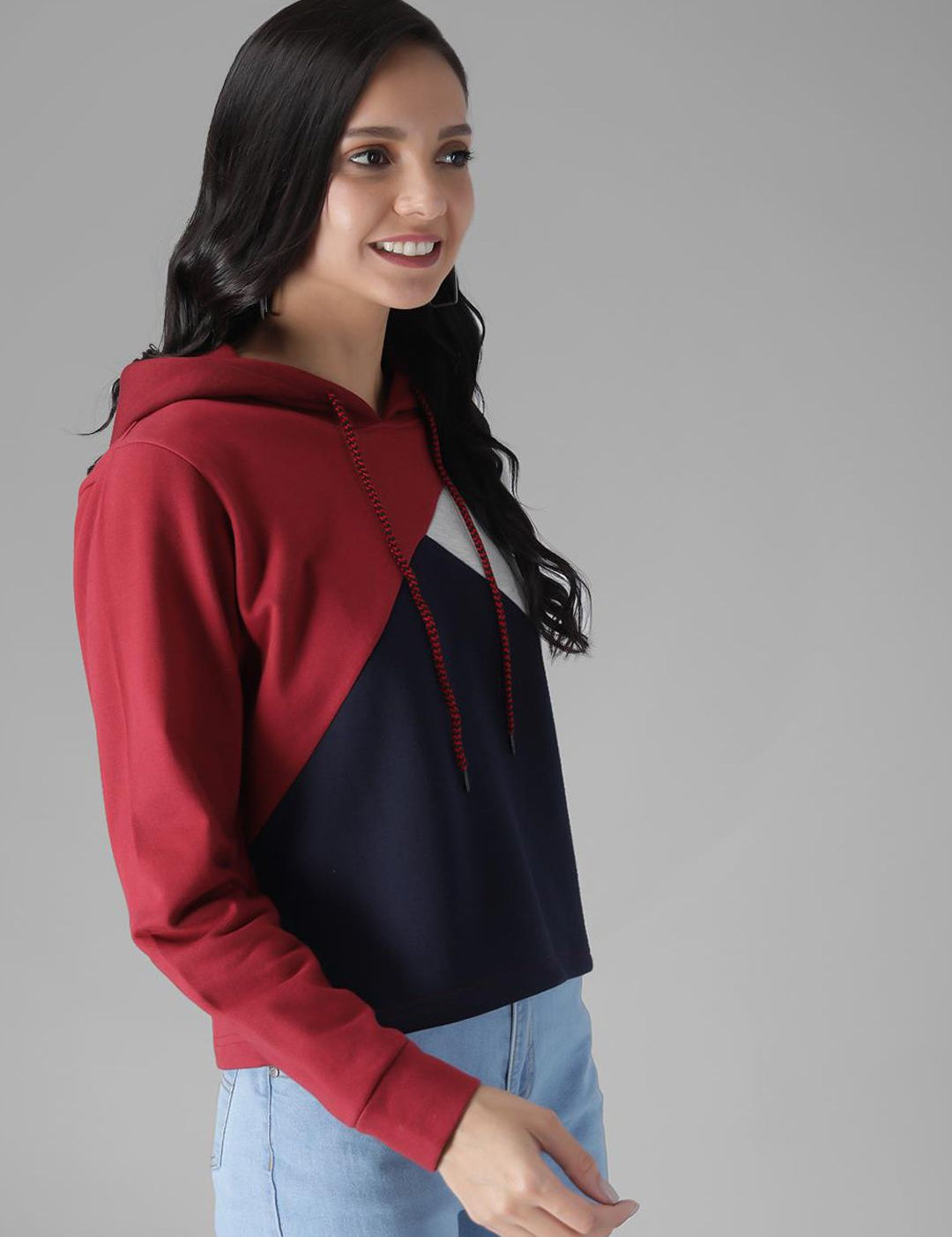 Kotty Women Maroon & Black Colourblocked Hooded Sweatshirt