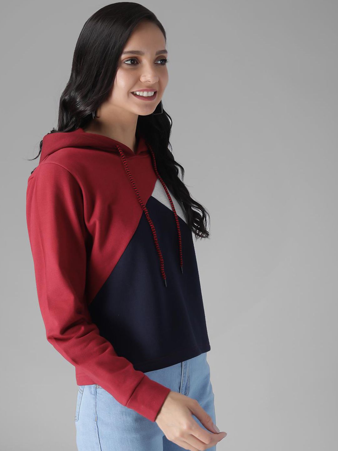 Kotty Women Maroon & Black Colourblocked Hooded Sweatshirt