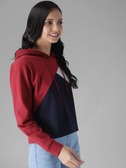 Kotty Women Maroon & Black Colourblocked Hooded Sweatshirt