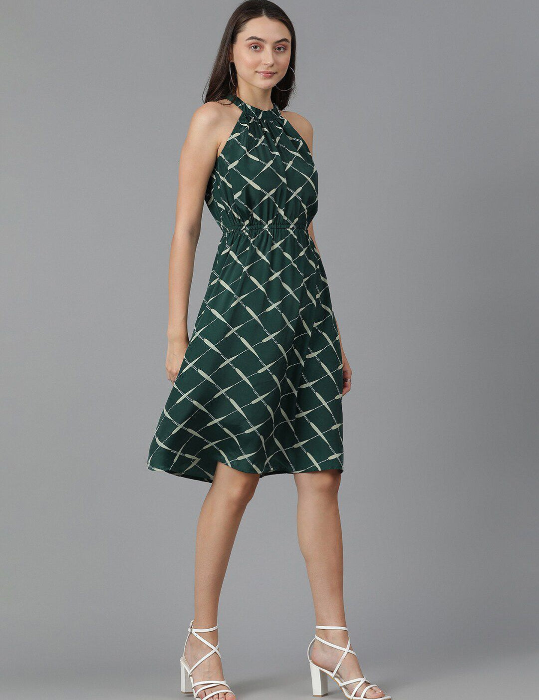 Kotty Geometric Printed High Neck Sleeveless A-Line Dress