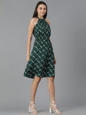 Kotty Geometric Printed High Neck Sleeveless A-Line Dress