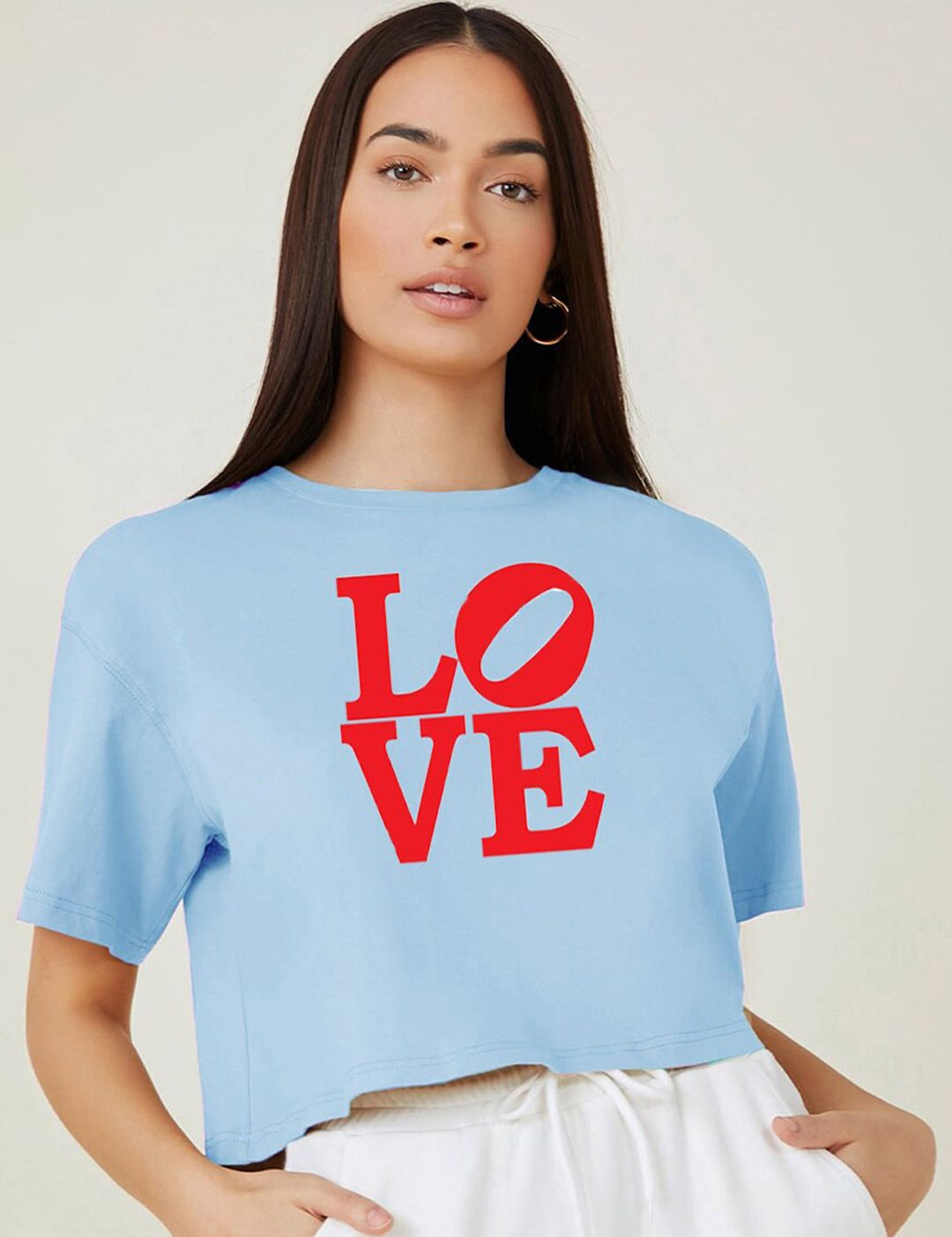 Kotty Blue Typography Printed Drop-Shoulder Sleeves Cotton Oversized Crop T-shirt