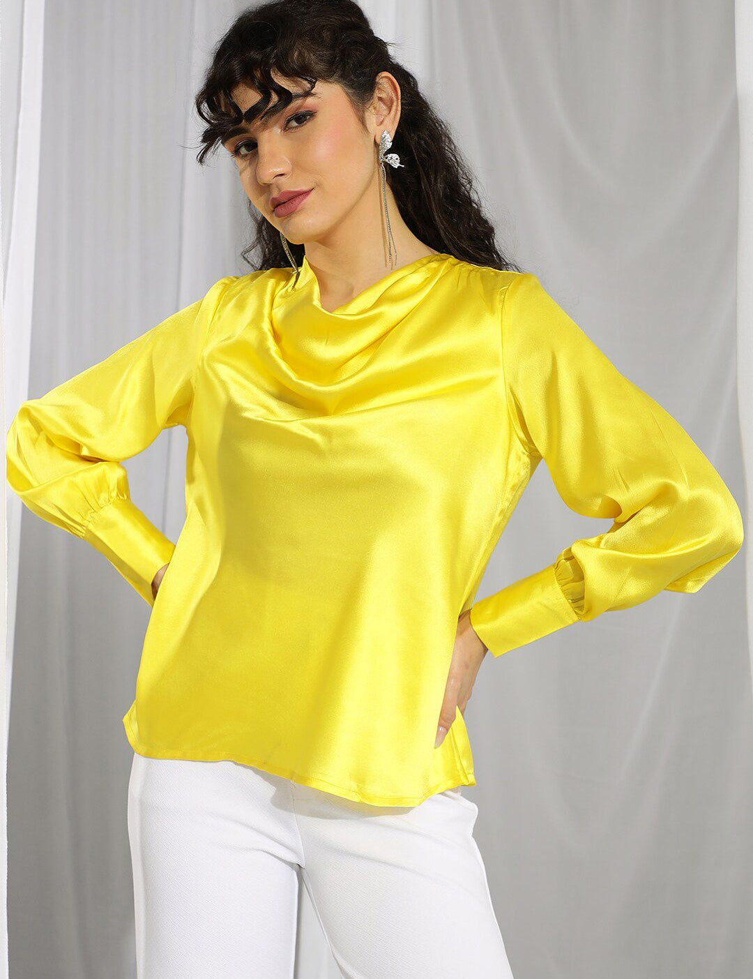 Kotty Yellow Cowl Neck Cuffed Sleeves Satin Top