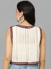 Kotty Floral Self Design Crochet V-Neck Crop Top