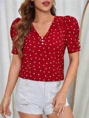 Kotty V-Neck Conversational Printed Cherry Red Top