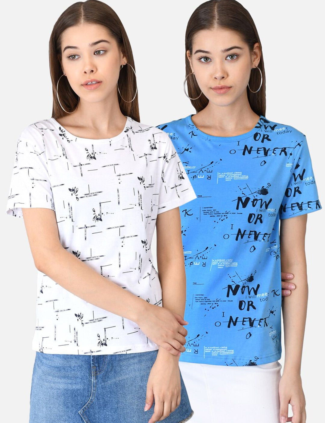 Kotty Women Pack of 2 White & Blue Printed Round Neck T-shirts