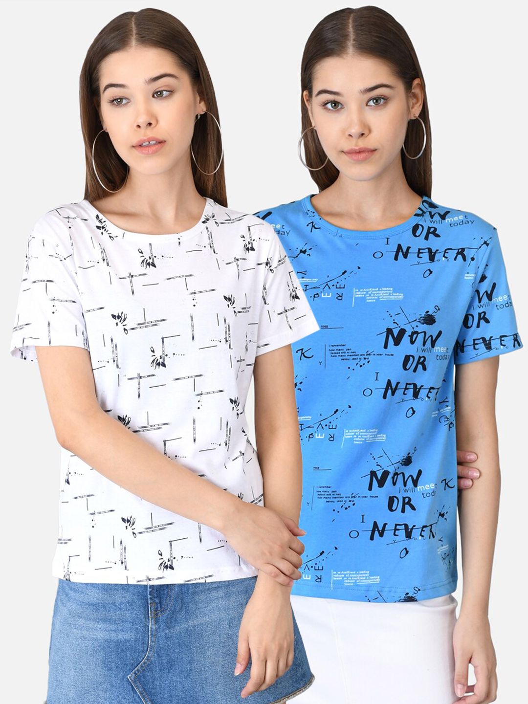 Kotty Women Pack of 2 White & Blue Printed Round Neck T-shirts