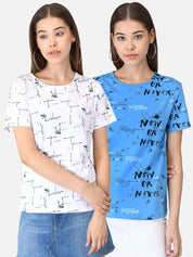 Kotty Women Pack of 2 White & Blue Printed Round Neck T-shirts