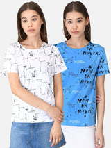 Kotty Women Pack of 2 White & Blue Printed Round Neck T-shirts