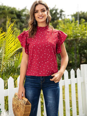 Kotty Red Conversational Printed High Neck Flutter Sleeve Regular Top