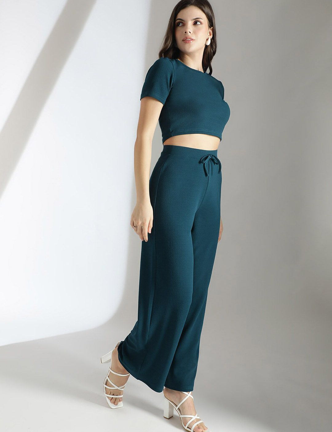 Stylecast X KOTTY Basics Teal Green Crop Top With Trousers