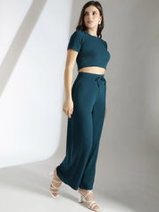 Stylecast X KOTTY Basics Teal Green Crop Top With Trousers