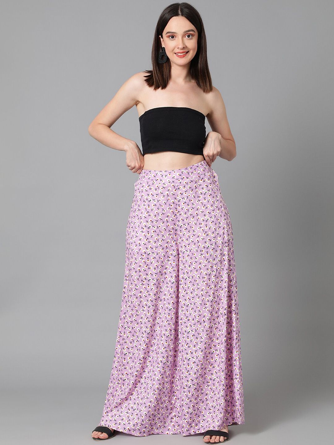 Kotty Women Relaxed Floral Printed Flared High-Rise Easy Wash Parallel Trousers
