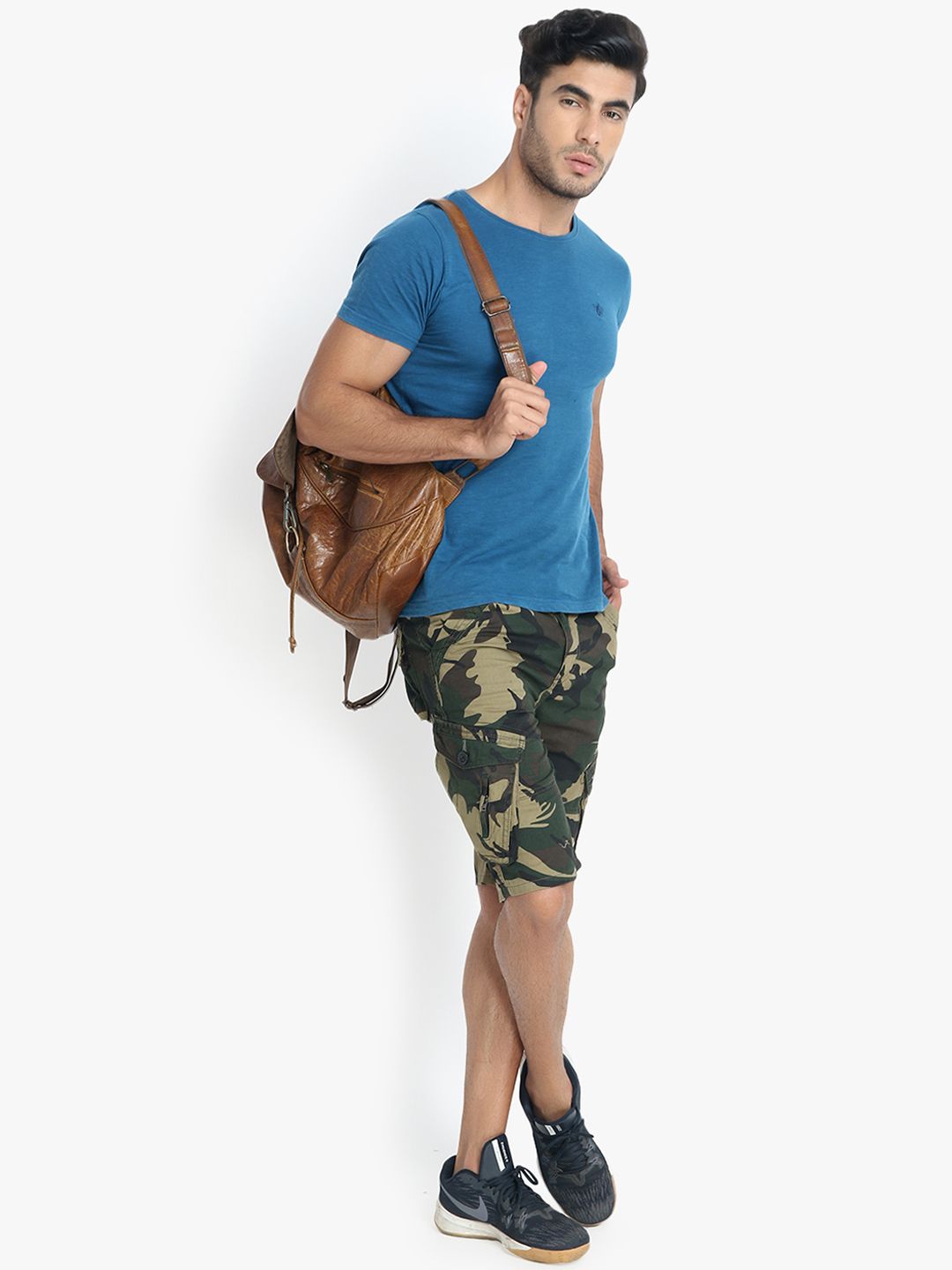 Kotty Men Olive Green & Beige Printed Regular Fit Cargo Shorts