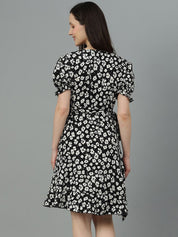 Kotty Black & White Floral Printed Puff Sleeves Crepe Wrap Dress
